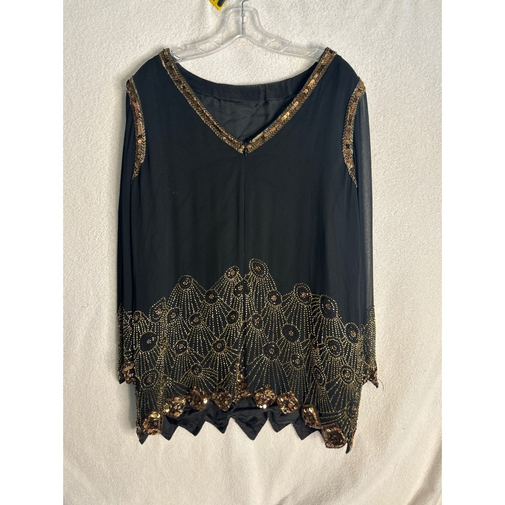 Black Tie Oleg Cassini Silk Beaded Sequin Blouse Black Gold wedding formal Top L